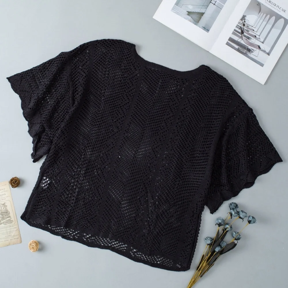B131 Black Pointelle Knit Scallop Edge Short Sleeve Top